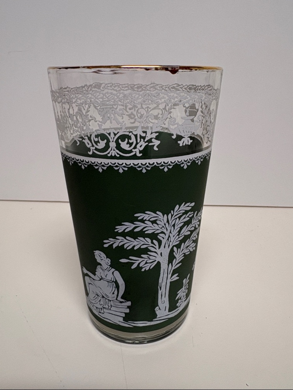 Hellenic Green Glass Tumblers with Classical Motif and Gold Rim